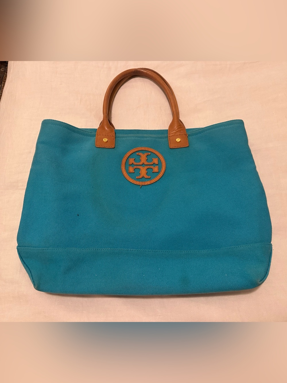 Tory Burch Turquoise Canvas Tote with Tan Leather Trim